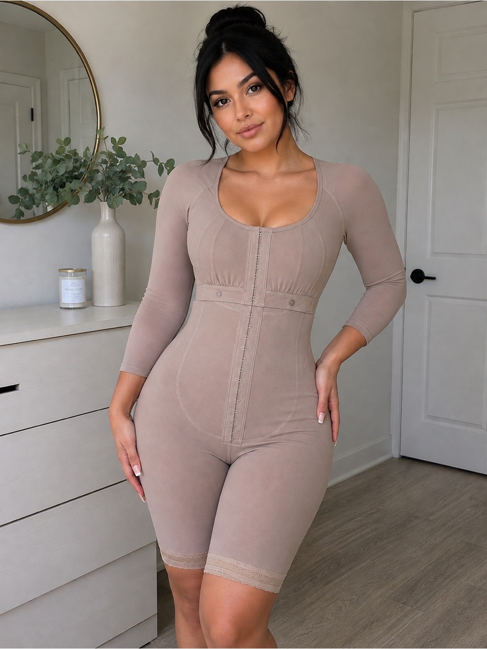 Sculpting Taupe Full-Body Shapewear Bodysuit with Three-Quarter Sleeves